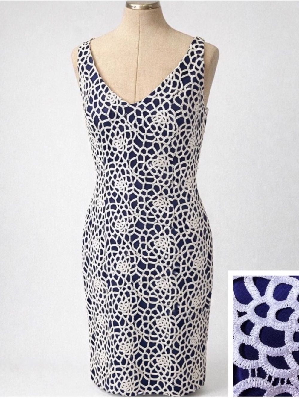 Lauren Ralph Lauren Navy & White Crochet Lace Sheath Dress Size 12P Sleeveless